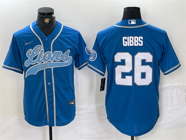 Men's Detroit Lions #26 Jahmyr Gibbs Blue Cool Base Stitched Baseball Jersey - Click Image to Close